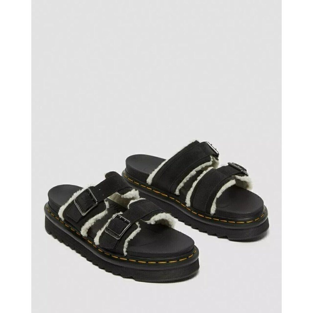Dr. Martens Myles Sandals Unisex US M11 W12 Black Suede Faux Fur Platform Slide
